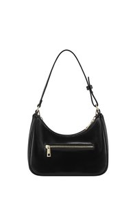 Borsa a spalla nera in pelle con una forma curva, hardware dorato e una tasca frontale con zip. Texture liscia con dettagli di cucitura minimi.