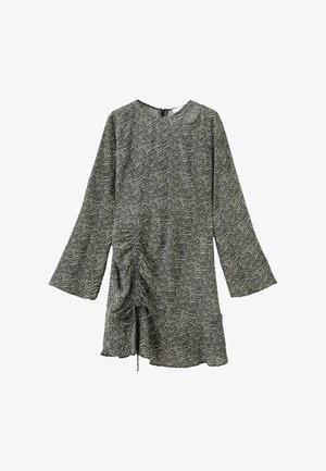 Črno-bela obleka z dolgimi rokavi in vzorcem cik-cak, z naborki in nastavljivim vrvico na levi strani.