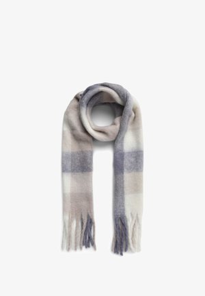 Sciarpa lavorata a maglia con motivo a quadri in grigio chiaro, crema e lavanda. Presenta bordi frangiati per un effetto tattile e un aspetto morbido e accogliente.