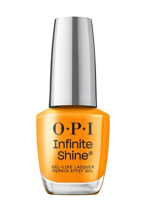 Flacon de vernis à ongles OPI Infinite Shine jaune vif avec un bouchon argenté métallique et un texte noir en gras sur l'étiquette avant.