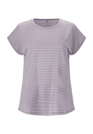 Ljuslila kortärmad tränings t-shirt med subtila horisontella ränder, rundad halsringning och "ENDURANCE"-logotyp i grått på bröstet.