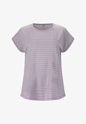 Ljuslila kortärmad tränings t-shirt med subtila horisontella ränder, rundad halsringning och "ENDURANCE"-logotyp i grått på bröstet.