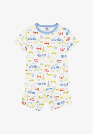 Baumwoll-Pyjama-Set mit weißem Grund und bunten Mustern von Autos, Booten und Palmen. Design mit kurzen Ärmeln und Shorts.