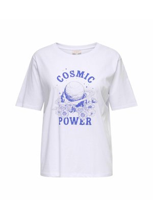 Valge puuvillane T-särk ümarate krae ja lühikeste varrukatega. Peal on sinine graafiline tekst "KOOSMIK JÕUD" ja illustratsioon planeedist, mille ümber on lilled.