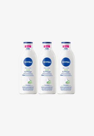 Drei Flaschen Nivea Aloe & Hydration Körperlotion mit 72 Stunden Feuchtigkeit, Aloe Vera und Hyaluronsäure-Serum, entwickelt für normale bis trockene Haut.