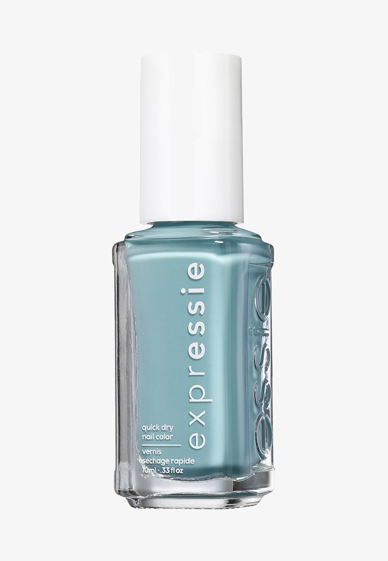 Essie Expressie schnelltrocknender Nagellack in einem hellblauen Farbton, in einer klaren Glasflasche mit weißem Deckel. Das Etikett zeigt weiße Schrift.