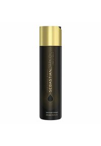 Black shampoo bottle with gold accents, featuring vertical stripes and a droplet design. Capacity: 250 ml, labeled "lightweight shampoo."
