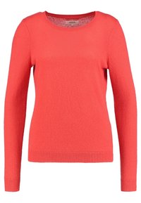 Koraalkleurige trui met lange mouwen en een ronde hals, gemaakt van een zachte stof. Kenmerkt zich door ribgebreide boorden en onderkant. Gladde textuur, effen kleur, geen patronen.