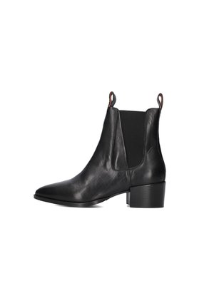Black leather ankle boot with elastic side panel, pull tabs, pointed toe, and block heel on white background.