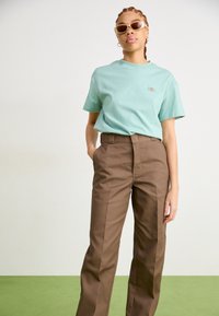 T-shirt en coton vert menthe avec un petit logo, associé à un pantalon marron taille haute. Le modèle porte des lunettes de soleil stylées. Texture de tissu lisse.