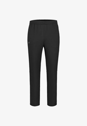 Pantalones deportivos negros con cintura elástica, confeccionados en un material ligero. Presentan un detalle sutil de logo en el lado izquierdo.