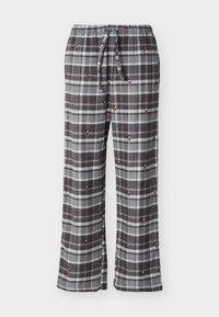Pantalon de pyjama à carreaux gris et blancs avec des lignes rouges et de petits motifs de Mickey Mouse, doté d'une taille élastique avec un cordon de serrage.