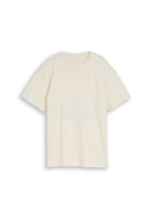 Prosty bawełniany T-shirt w kolorze kremowym z krótkim rękawem i okrągłym dekoltem, rozłożony na płasko na białym tle.