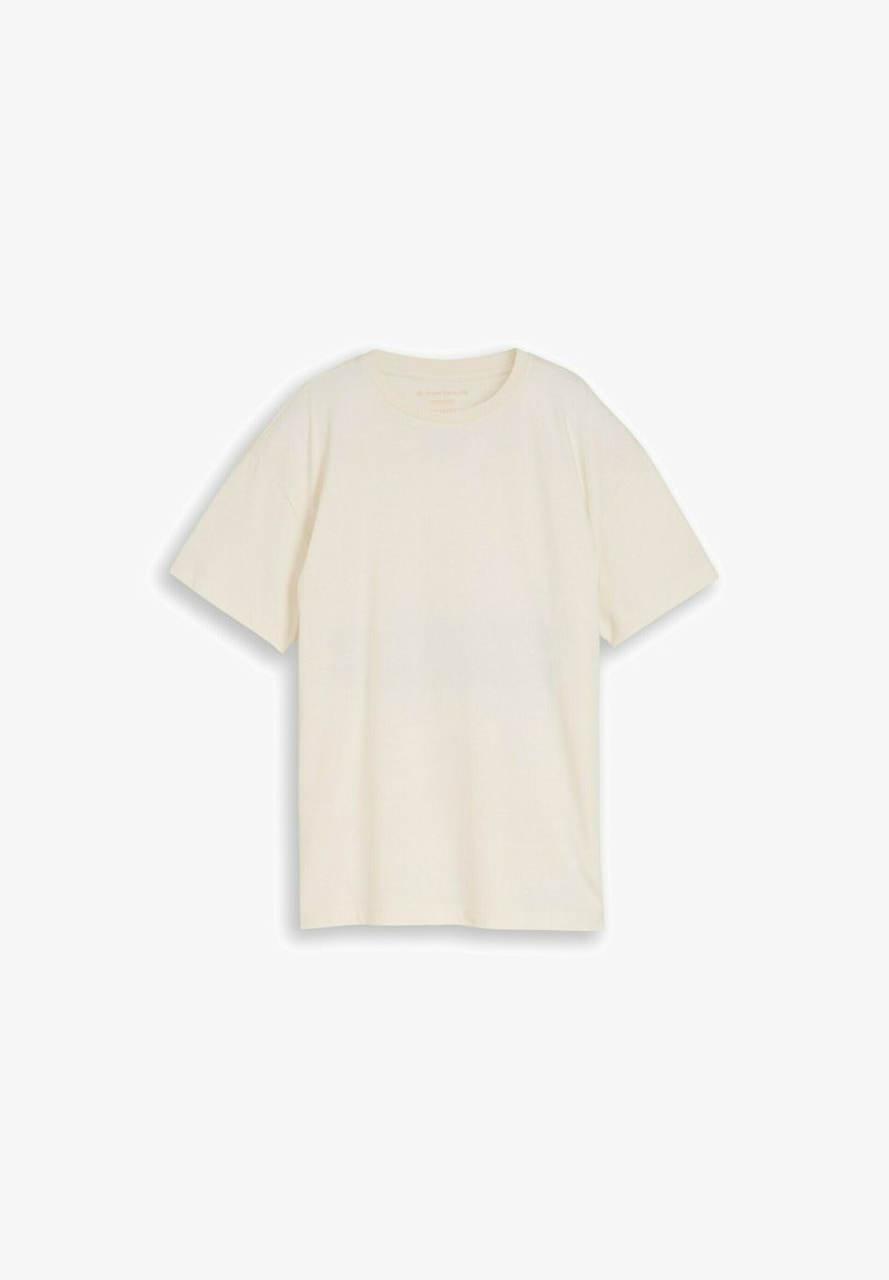 T-shirt en coton à manches courtes, col rond, de couleur blanc cassé uni, posé à plat sur fond blanc.