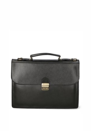 Schwarze Lederaktentasche mit Klappverschluss und Messingschnalle, ausgestattet mit einem oberen Griff und genähten Kanten für Langlebigkeit.