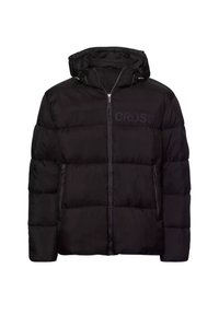Czarna kurtka puchowa z rozpięciem na zamek, odpinanym kapturem i kieszeniami bocznymi. Posiada pikowane sekcje oraz czarne logo "CROSS".
