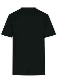 T-shirt noir en coton, avec des manches courtes et un col rond. Le tissu semble lisse et n'a aucun motif ou accent visible.