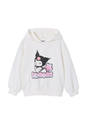 White hoodie with a cartoon character wearing a black hat, holding a star-shaped wand, and "Kuromi" written below in pastel colors.