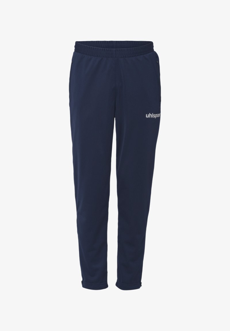 Mørkeblå træningsbukser med elastisk taljebånd, sidelommer med lynlås, tilspidsede ben og hvidt "uhlsport" logo på højre lår.