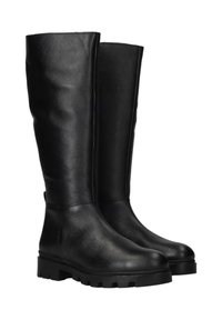 Zwarte kniehoog laarzen gemaakt van textuurleer met een robuuste rubberen zool. Heeft een slank ontwerp en minimale stikdetails.