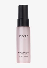 Flacon pulvérisateur en verre transparent avec une teinte rose et un bouchon noir. L'étiquette indique "ICONIC LONDON PREP - SET - BLUR" en lettres noires. Volume de 30 ml.