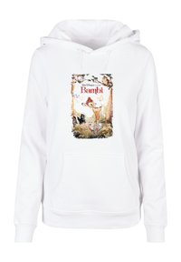 Felpa bianca con cappuccio, caratterizzata da una grafica frontale di Bambi della Disney, circondato da un bordo floreale, dotata di una grande tasca frontale e cappuccio con lacci.