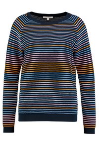 Randig tröja i blått, lila, rosa och orange. Rund hals, långa ärmar, ribbade muddar och fåll. Mjuk textur med smala horisontella ränder.