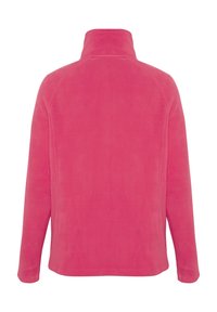 Fleece jacket in bright pink, featuring a high collar and long sleeves. Smooth texture with no visible logos or patterns.