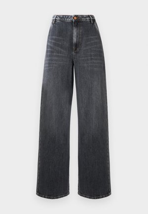 Hochtaillierte, weit geschnittene Jeans aus dunkelgrauem Denim mit verwaschenen Details, ausgestattet mit einem Knopfverschluss vorne und klassischem Fünf-Taschen-Design.