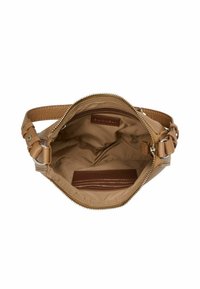 Borsa a tracolla in pelle tan con zip superiore, tracolla regolabile, tasca con zip interna e slot per carte all'interno della fodera in tessuto.