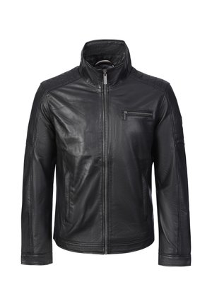 Schwarze Lederjacke mit Stehkragen, Frontreißverschluss, Reißverschlusstasche auf der Brust und gesteppter Naht an Schultern und Ärmeln.