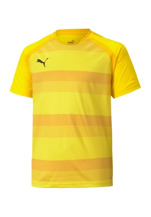 Yellow sports shirt featuring horizontal stripes in varying shades of yellow, with a crew neck and short sleeves. Black logo on chest.