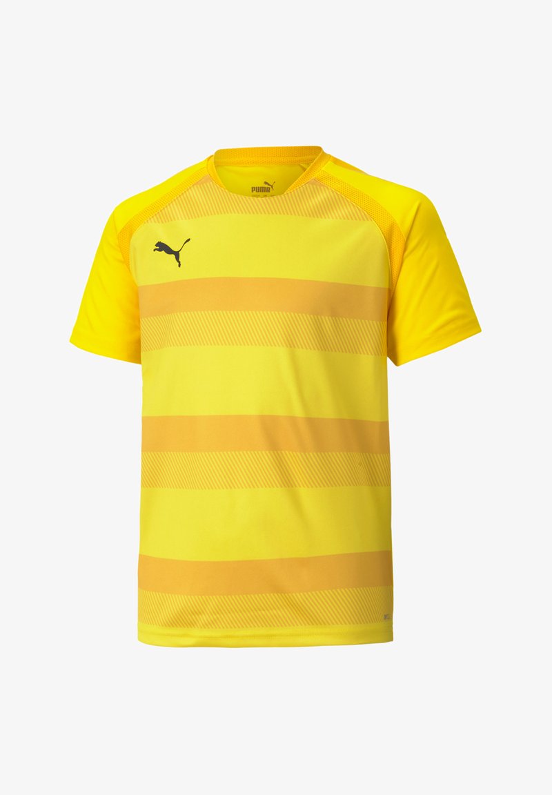 Maglietta sportiva gialla con strisce orizzontali in diverse tonalità di giallo, colletto a girocollo e maniche corte. Logo nero sul petto.