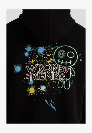 Black hoodie featuring a graphic design with colorful paint splatter in blue, yellow, and green, and a stylized character with a heart.