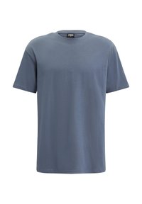 T-shirt a maniche corte a girocollo in blu tenue, esposto piatto su sfondo bianco.