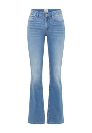 Helle blaue ausgestellte Jeans aus Denim mit mittelhohem Bund, subtiler Ausbleichung, klassischem Fünf-Taschen-Design und Knopfverschluss.