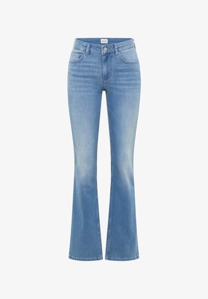 Heledad sinine rõngas, mis on valmistatud denimist, keskmise kõrgusega vöökohaga, kerge kulumisega, klassikalise viie taskuga disainiga ning nuppe sulguga.