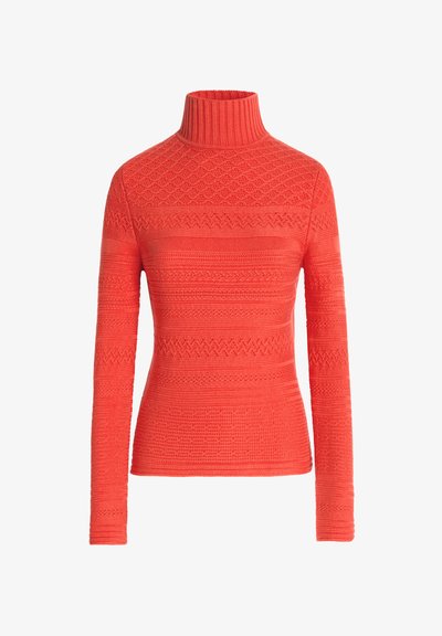 Augsts kakls, garas piedurknes džemperis spilgti korallkrāsā. Ar teksturētām rakstu detaļām un ribotām akcentiem visā virsmā, ar pieguļošu formu.