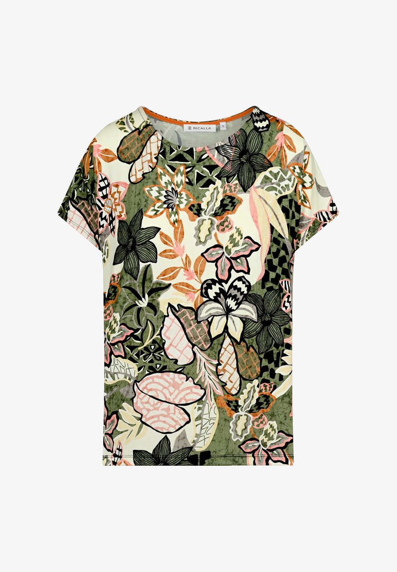 Blütenkurzarmoberteil in Creme mit grünen, rosa und schwarzen botanischen Mustern. Weicher Stoff mit lockerem Schnitt und rundem Ausschnitt.