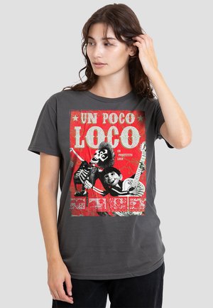 Gray cotton t-shirt featuring a colorful print with text and characters, including a skeleton and a boy holding a guitar, on the front.