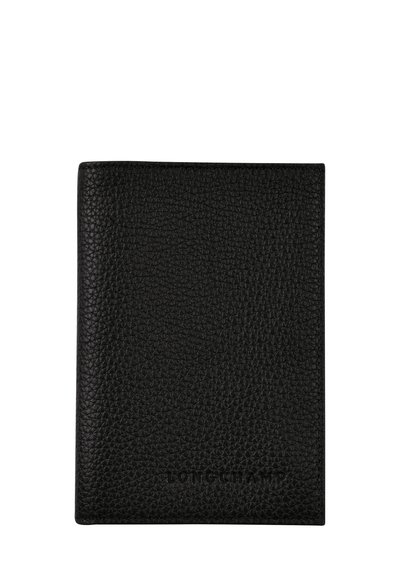 Black leather wallet with a pebbled texture, featuring embossed branding at the bottom. Rectangular shape with a simple design.