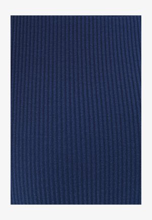 Dark blue ribbed fabric featuring vertical stripes, showcasing a soft texture and consistent pattern across the material.