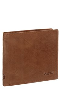 Braune Lederbörse mit einer strukturierten Oberfläche, featuring einer genähten Kante und dem geprägten "bugatti"-Logo auf der Vorderseite. Schlankes, rechteckiges Design.