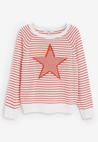 Pull blanc avec des rayures rouges et un motif central d'étoile rouge. Présente un col rond et des poignets et un ourlet côtelés.