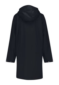 Black waterproof raincoat with a hood, featuring long sleeves, snap closures at the cuffs, and a straight cut design.