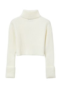 Maglione a collo alto tagliato in bianco con texture a costine, caratterizzato da maniche lunghe con polsini ripiegati e un design a colletto alto.