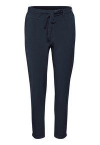 Pantalon bleu marine fuselé avec ceinture en tissu, passants, poches latérales et ourlets retroussés, présenté sur un fond blanc uni.
