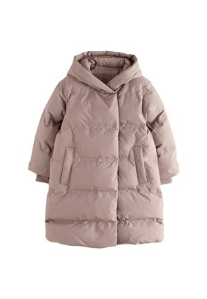 Padded coat in light mauve, featuring a large hood, diagonal stitching, and two side pockets with concealed seams.