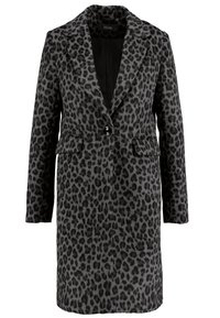 Abrigo gris con estampado de leopardo, solapa muesca, cierre de un botón, dos bolsillos frontales y un acabado suave y texturizado.