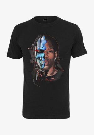 Zwarte katoenen t-shirt met een graphic design van een gezicht dat is verdeeld tussen een mens en een robotisch schedel, met gedetailleerde kleurrijke accenten.